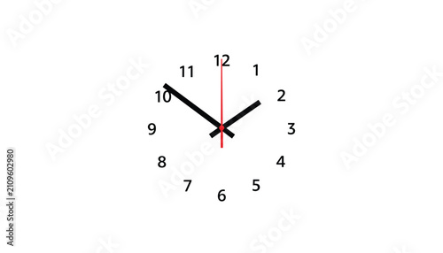 Minimalist clock dial without outer frame showing hands at ten past ten with red second hand on a white background.