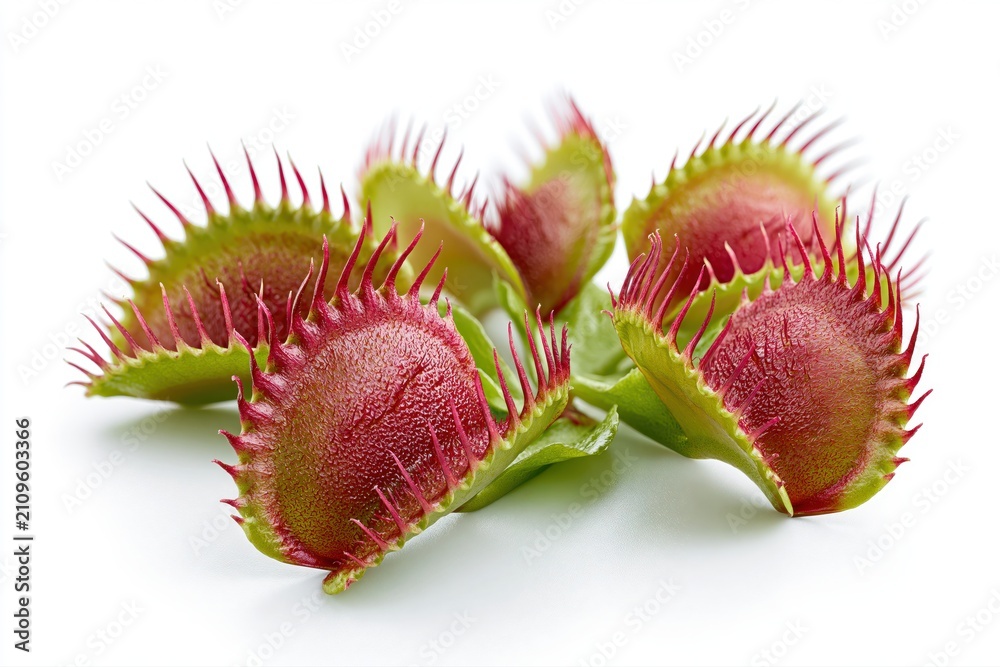 Fototapeta premium Close-up of vibrant Venus flytrap plants with red interiors and green serrated edges on a white background.