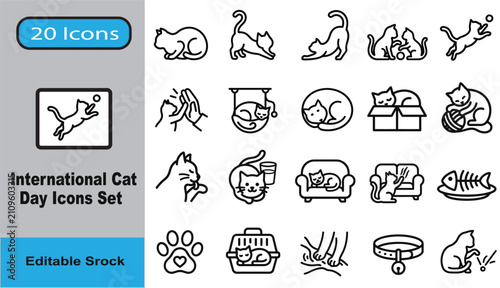 International Cat Day Icons Set Vector Line Art Pet Illustration Bundle