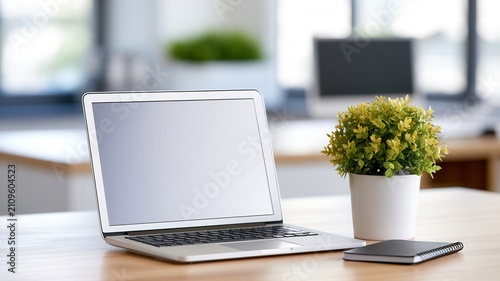 Laptop with blank white screen notebook and plant on a clean wooden desk ready for work or study in a bright office