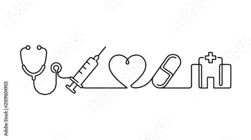 Continuous line medical icons set, minimalist healthcare vector illustration, stethoscope syringe heart pill and hospital building symbols in one line art