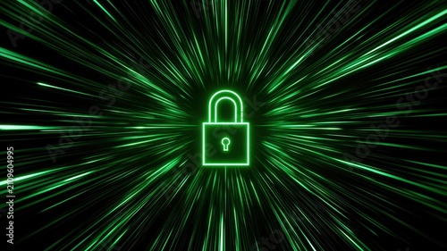 Digital padlock protecting data with glowing green lines symbolizing secure internet connection and fast network transmission