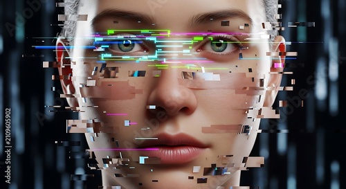 Close-up portrait of a person with digital pixelated eyes representing futuristic or artificial intelligence concept.