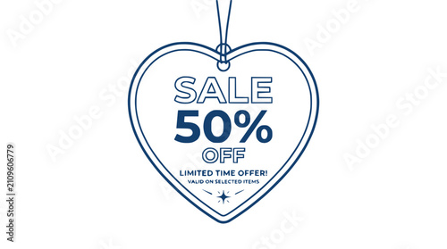 Cuadro en lienzo Heart shape tag with 'SALE 50% OFF' text, limited time offer, white background