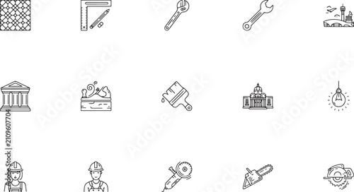 Carpentry and building renovation outline icon set featuring measuring rulers adjustable wrenches woodworking planes paint brushes and construction workers vector