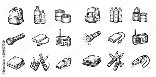survival and camping design icons with backpack, flashlight, radio for presentation branding in sketch vector art