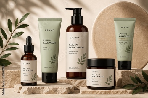 Luxury Natural Cosmetic Skincare Product Mockup on Stone Podium with Botanical Leaves Minimal Beige Background