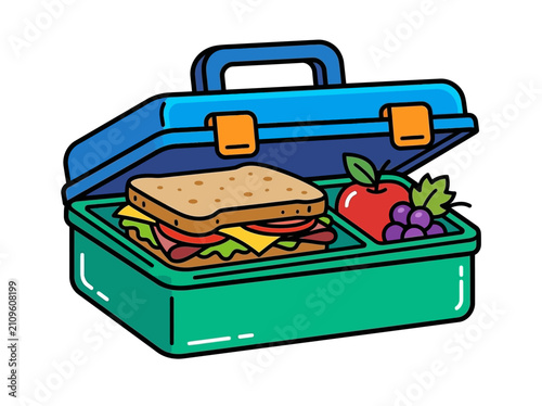 Open plastic lunch box with sandwich and fruit