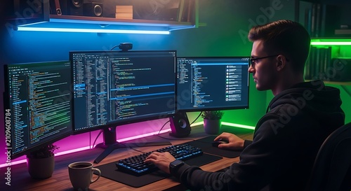 Software developer works on multiple monitors in a dimly lit tech workspace with neon lighting.