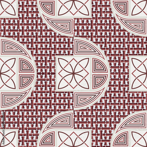 Modern Geometric Seamless Pattern with Abstract Circular Tile Motifs, Elegant Terracotta and White Background, Luxury Decorative Surface Design