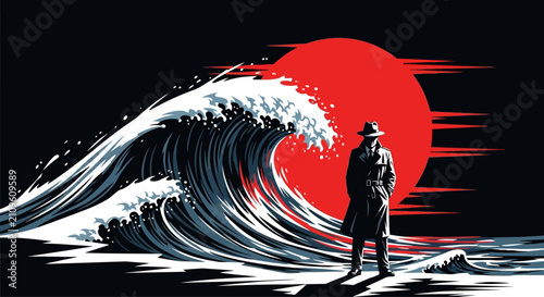 Man in Trench Coat Facing Giant Wave Under Red Sun, Dramatic Seascape