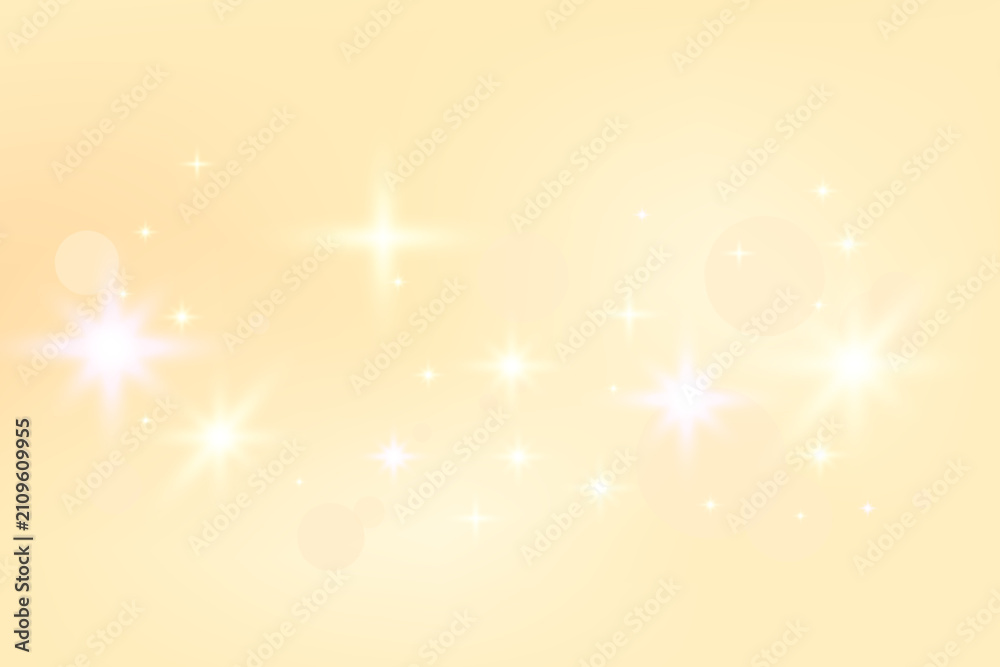 Obraz premium Soft beige gradation background with bright glitter stars and golden gradient shine. Warm champagne silk texture in orange glow for Christmas mood. Radiant vector sparkle on beige peach backdrop