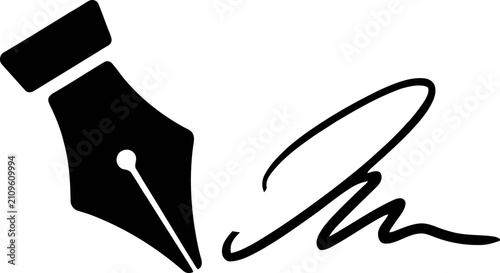 Quadro su tela Black fountain pen nib with a flowing ink signature isolated on transparent back