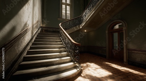 Sunlight streams down elegant grand staircase in vintage building