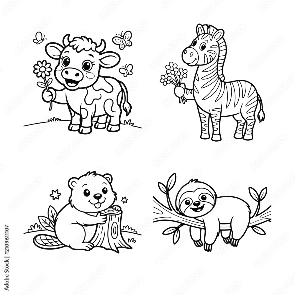 Obraz premium Cute cartoon cow butterfly flower grass vector illustration coloring book.