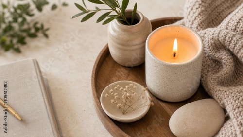 Minimalist self care corner featuring lit scented candle and textured decor elements creates a peaceful restorative atmosphere for wellness and mindfulness meditation