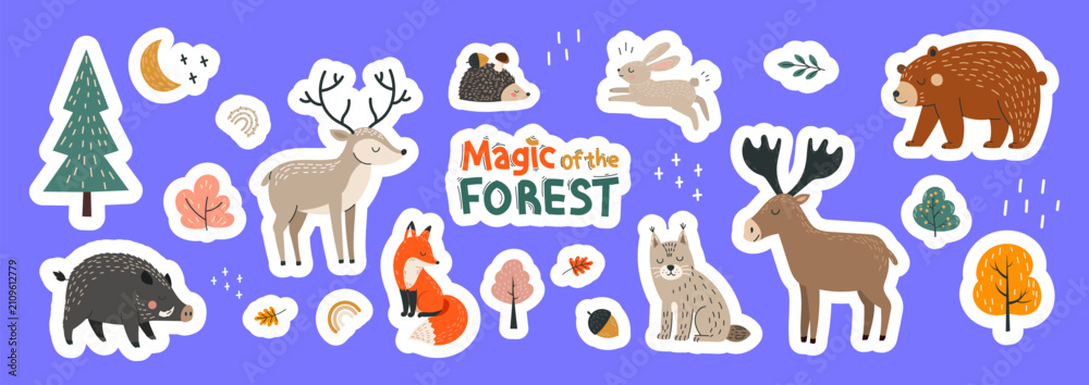 Obraz premium Cute woodland animal sticker set deer, moose, bear, fox, wild boar, hare, lynx, trees, leaves, mushrooms, and forest elements in a playful hand drawn cartoon style for, planners, scrapbooking, Vector