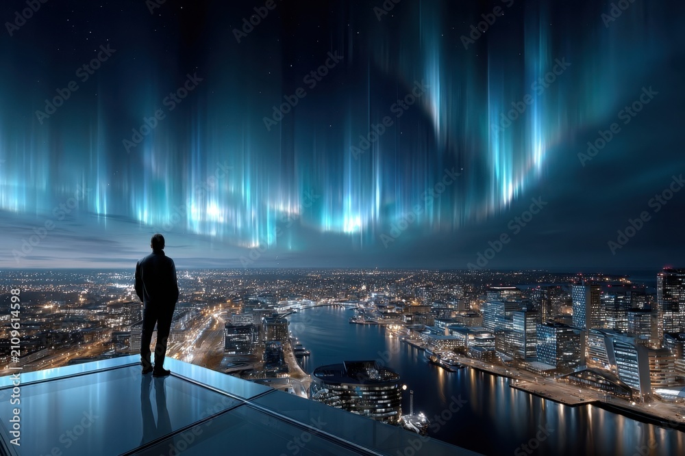 Fototapeta premium Man on rooftop observes aurora borealis over city