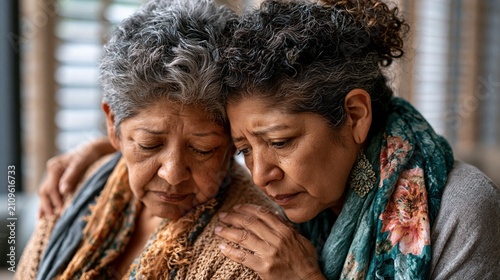 National Minority Donor Awareness Month: a Hispanic family sitting together in a hospital waiting room, adult daughter comforting her mother with a gentle hand on her shoulder