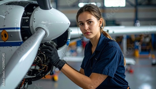 Professional female aircraft mechanic wearing blue shirt and gloves looking at camera while repairing small airplane propeller engine inside aviation hangar facility