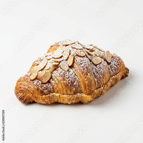 Freshly baked almond croissant with sliced almonds and powdered sugar. Gourmet pastry dessert with golden crust and flaky layers for cafes and bake...
