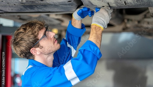 Focused Caucasian car mechanic wearing safety glasses and blue uniform repairing vehicle undercarriage inside modern automated automotive service maintenance garage workshop shop