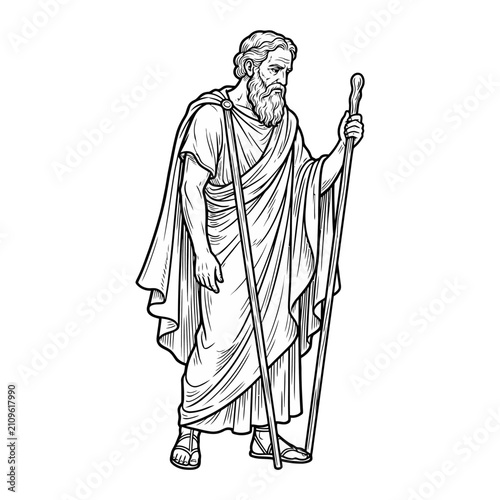 Ancient bearded philosopher holding staff in robes engraving.