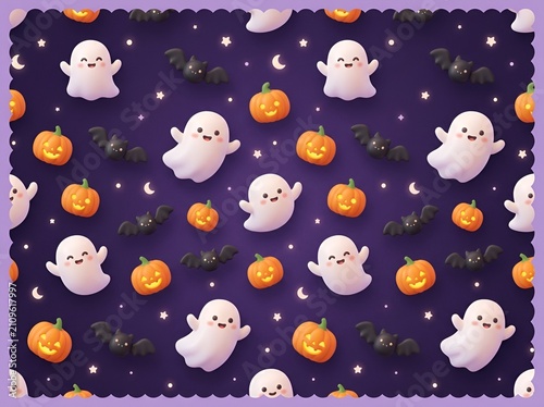 3D Render Halloween Background with Glowing Pumpkins and Copy Space