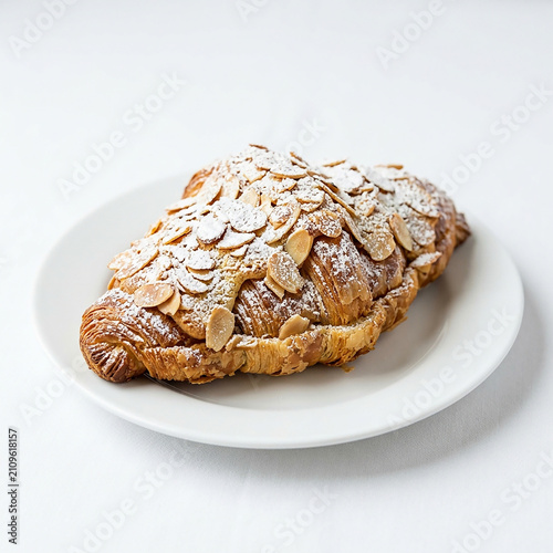 Freshly baked almond croissant slice on white plate. Gourmet pastry with sliced almonds and powdered sugar for breakfast or dessert.