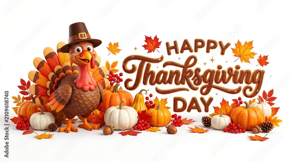 Fototapeta premium Festive thanksgiving day greeting card featuring a cute cartoon turkey wearing a pilgrim hat with pumpkins and autumn leaves