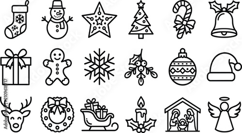 Christmas Minimalist Line Art Icon Set with Festive Outlines for Winter Holiday Web Design Coloring Pages and Sticker Layouts