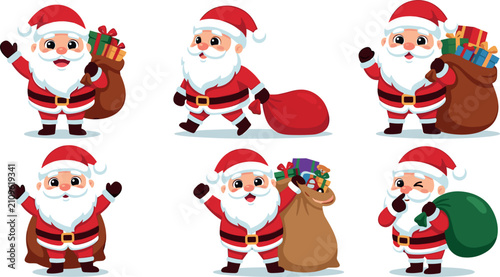 Cute Cartoon Santa Claus Characters Set with Happy Christmas Father Poses and Gift Sacks for Holiday Cards, Festive Stickers, and Winter Graphic Designs