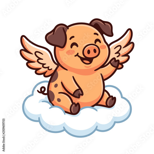 Smiling winged pig sitting on fluffy white cloud.