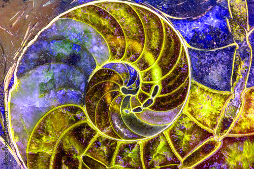 Cuadro en lienzo abstract yellow blue texture of ammonite with a golden section in a close-up