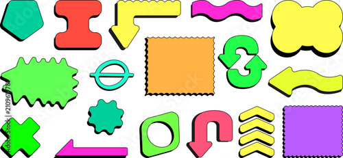 Colorful shapes are arranged in a creative layout. The stickers include various forms like arrows, stars, and squares. They sit on a plain background and invite fun ideas.
