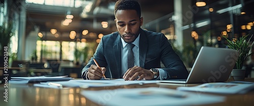 Businessman writing documents in modern office