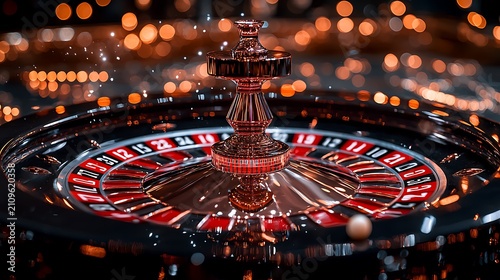 Casino roulette wheel spinning, blurred lights background