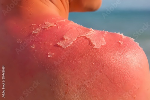 Close up of a person's red, sunburn shoulder.