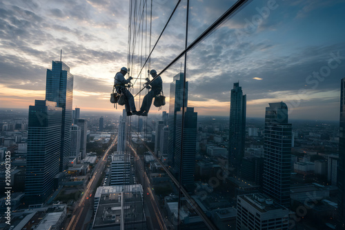 Window washers cleaning skyscraper facade at sunset