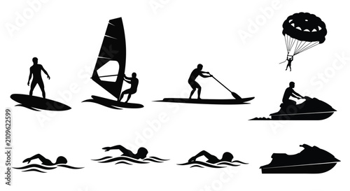 Obraz na plátně Silhouette collection depicting various watersports and recreational activities