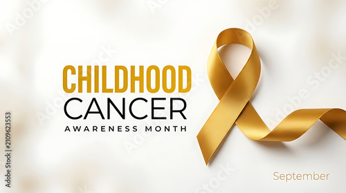 Childhood Cancer Awareness Month graphic featuring a golden metallic ribbon on a clean white background.