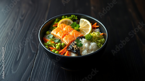 Healthy Japanese Salmon Rice Bowl with Avocado and Fresh Seafood Ingredients