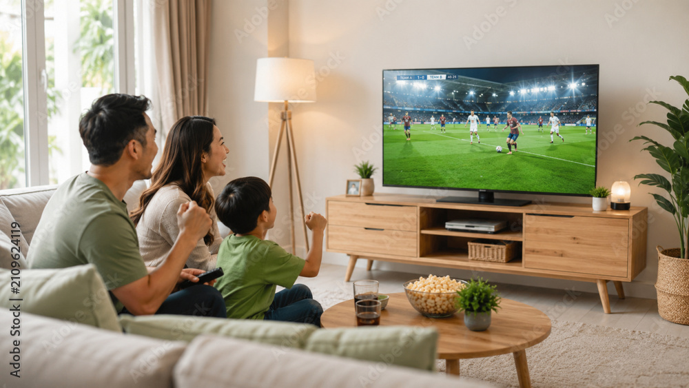 Fototapeta premium Happy family cheering while watching soccer game on television at home