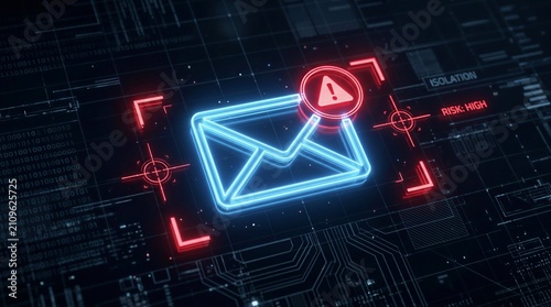 Cyber Security Warning Interface with Neon Email Icon and High Risk Alert on Digital Circuit Board Background
