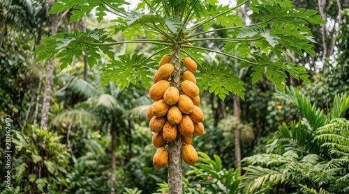 Papaya tree with ripe fruit in tropical forest