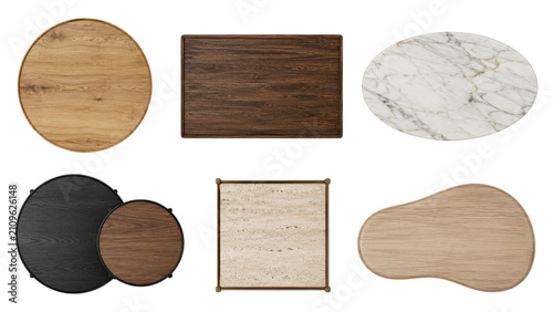 Six tabletop serving boards and platters in various shapes and materials, including light and dark wood, marble, and stone, shown from above on a transparent background