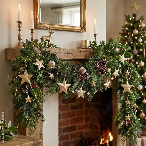Elegant Christmas fireplace mantel decorated with gold star garland. Luxury holiday home festive greenery and sparkling ornaments display.