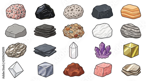Foto Rock and mineral types icon set for geology education
