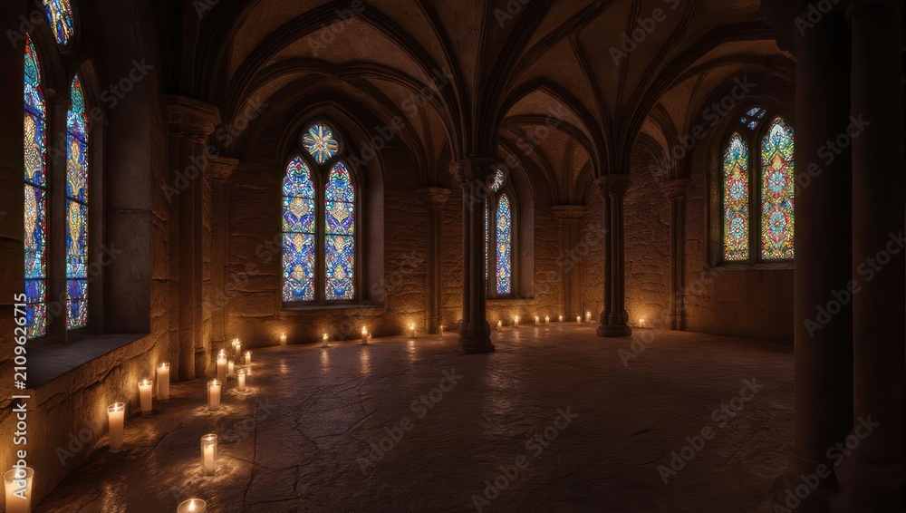 Obraz premium Candlelit Medieval Hall - Stained Glass and Stone Arches.