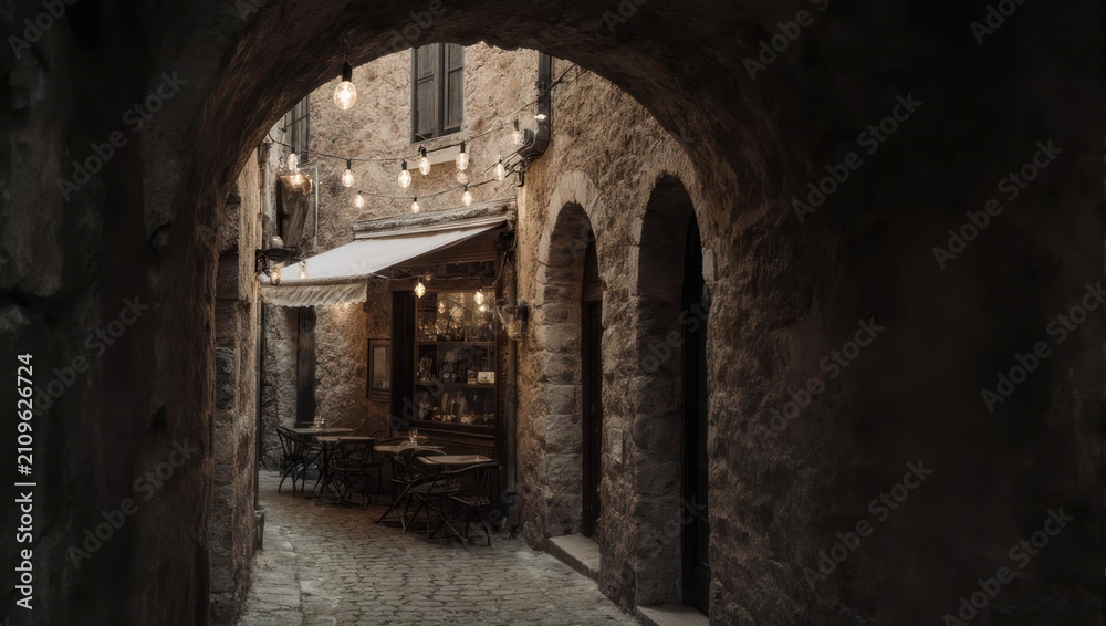 Obraz premium Charming Italian Alleyway with Cafe and Stone Archway.
